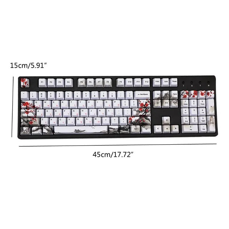 PBT keycap set with Wangjiang plum blossom design, showing Japanese, Korean, and US English legend options