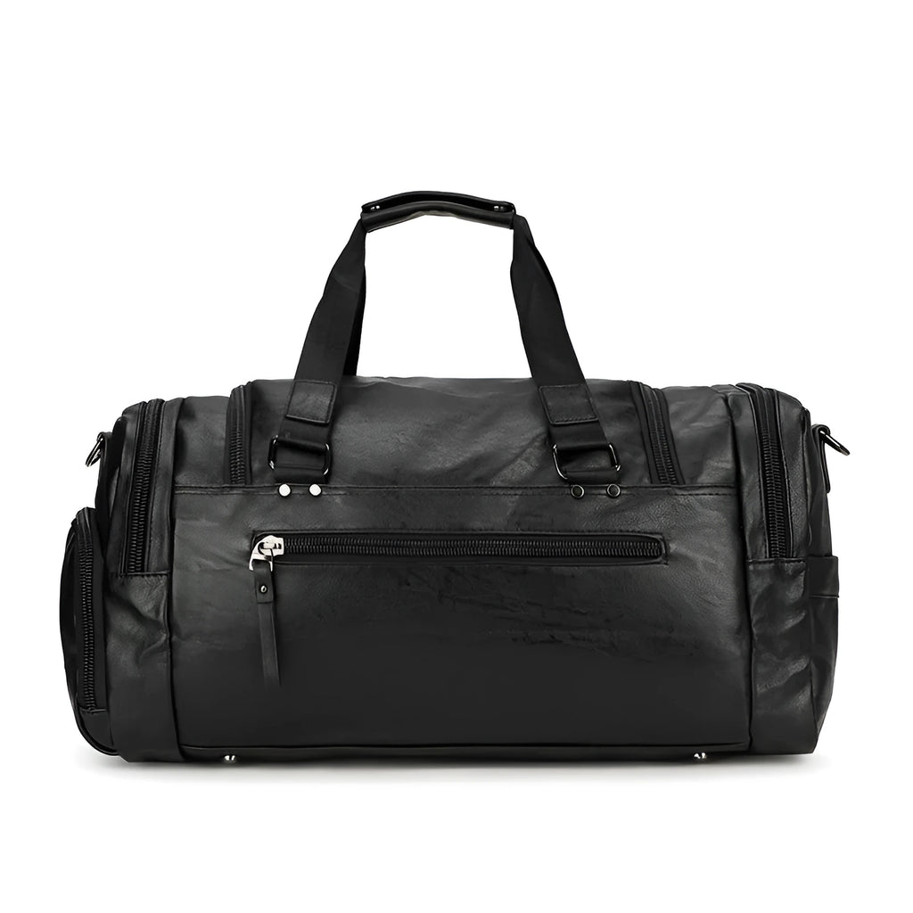 Black large capacity travel shoe storage bag with PU exterior, shown with dimensions 52cm wide by 27cm high.