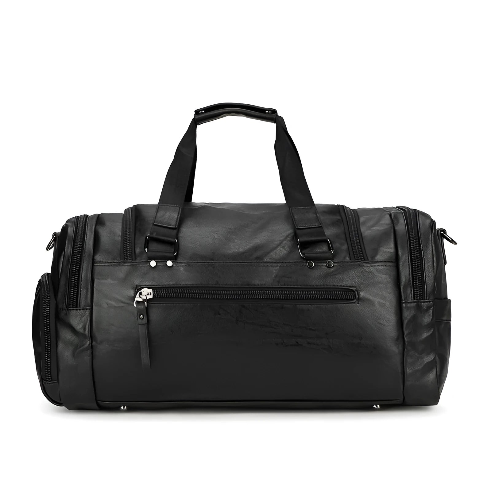 Black large capacity travel shoe storage bag with PU exterior, shown with dimensions 52cm wide by 27cm high.