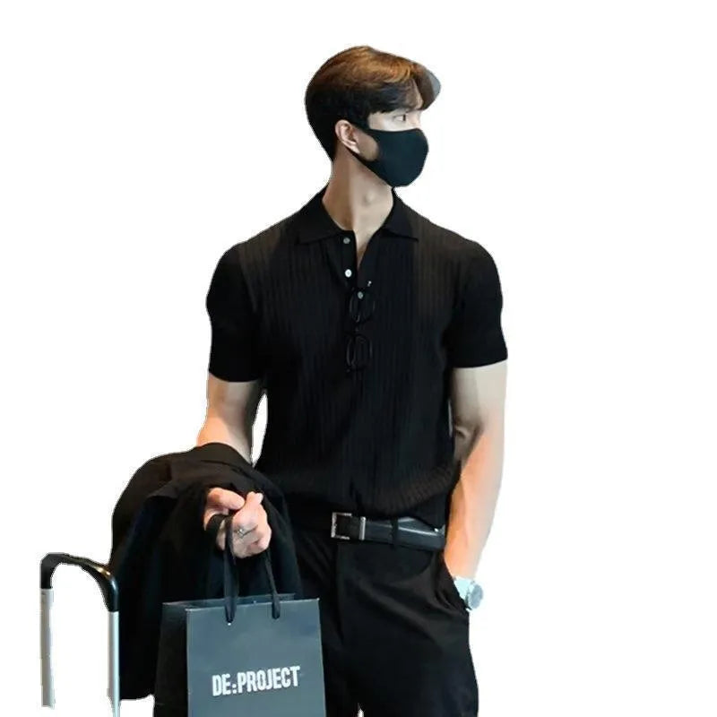 Men's lapel polo shirt, short sleeve, striped, cotton blend, slim fit, summer casual top in black, dark green or brown
