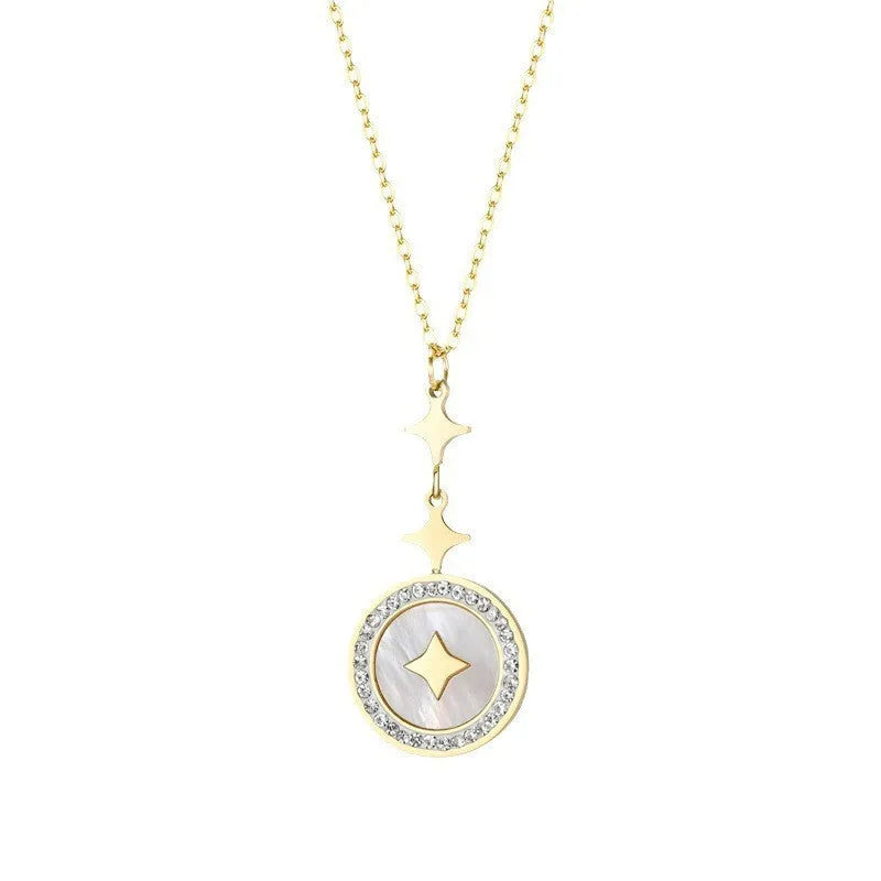 Close-up of a women's geometric six-pointed star titanium steel necklace on a model, showing rose gold and gold colour options.
