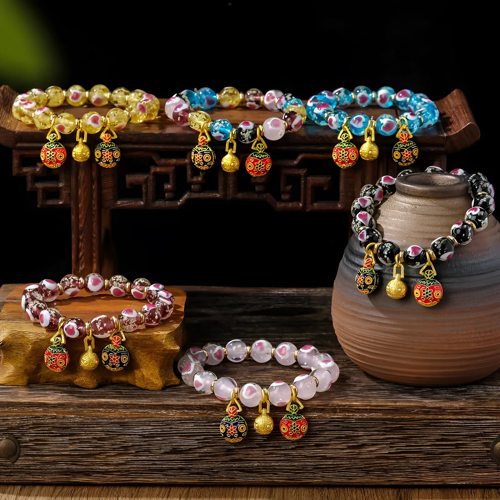 Handmade ancient fluorescent glaze swallowing gold beast heart bracelet in 10mm size