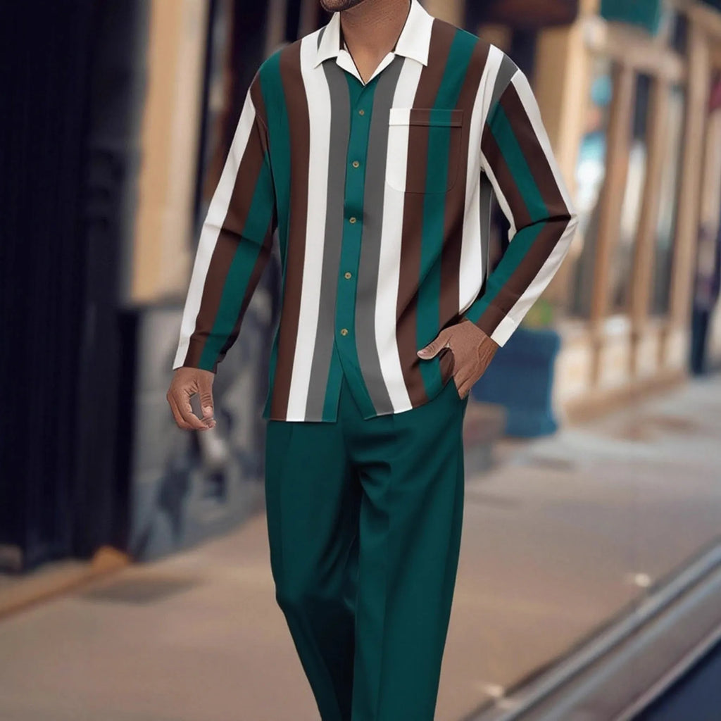 Men's print striped suit set with long sleeve blazer and trousers in polyester fabric, multiple colour options, Asian sizing