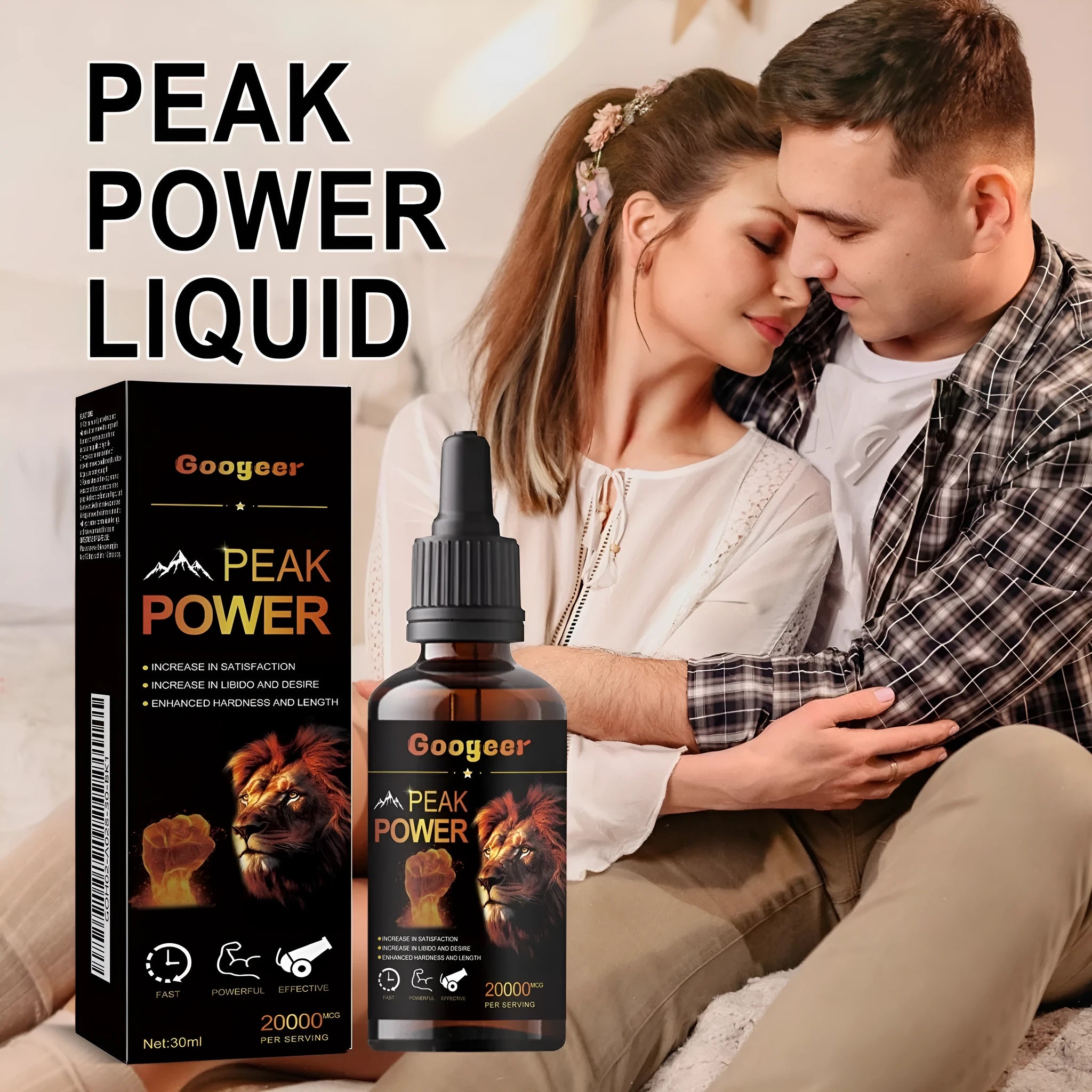 Googeer Peak Power Liquid Energy Supplement bottle containing 30ml of concentrated nutritional formula for adult health care.