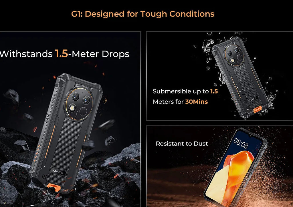 OUKITEL G1 mobile phone in grey, green, and orange colour options with included charger.