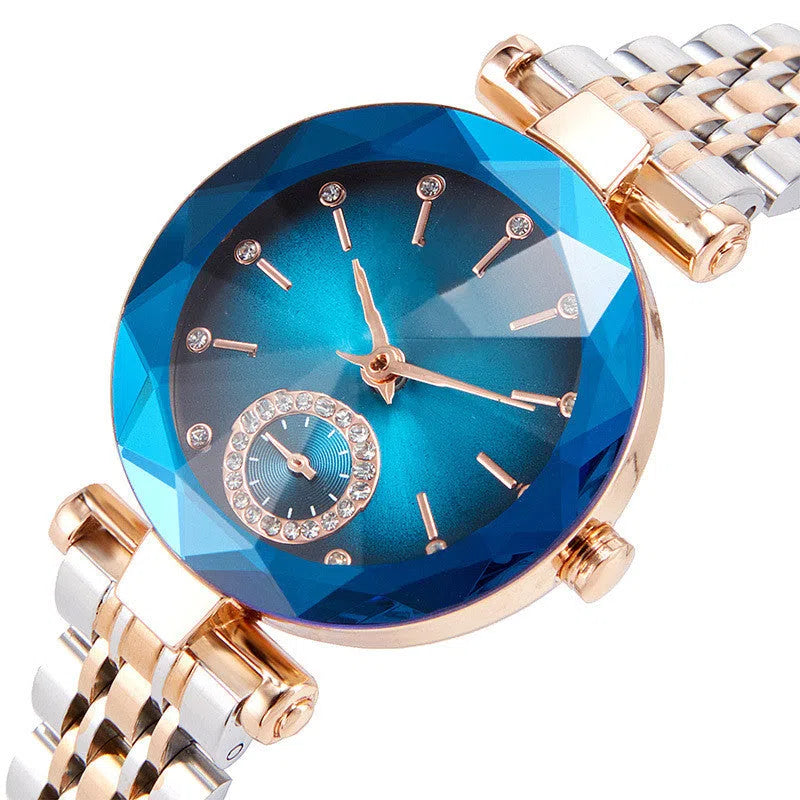 Women's rose gold quartz watch with 32mm round dial, steel strap, and 30M water resistance