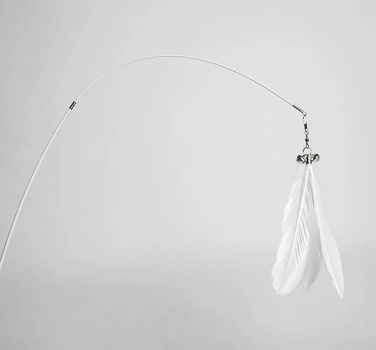 Telescopic cat fishing rod toy with goose feather teaser and removable bell, showing extended and collapsed positions