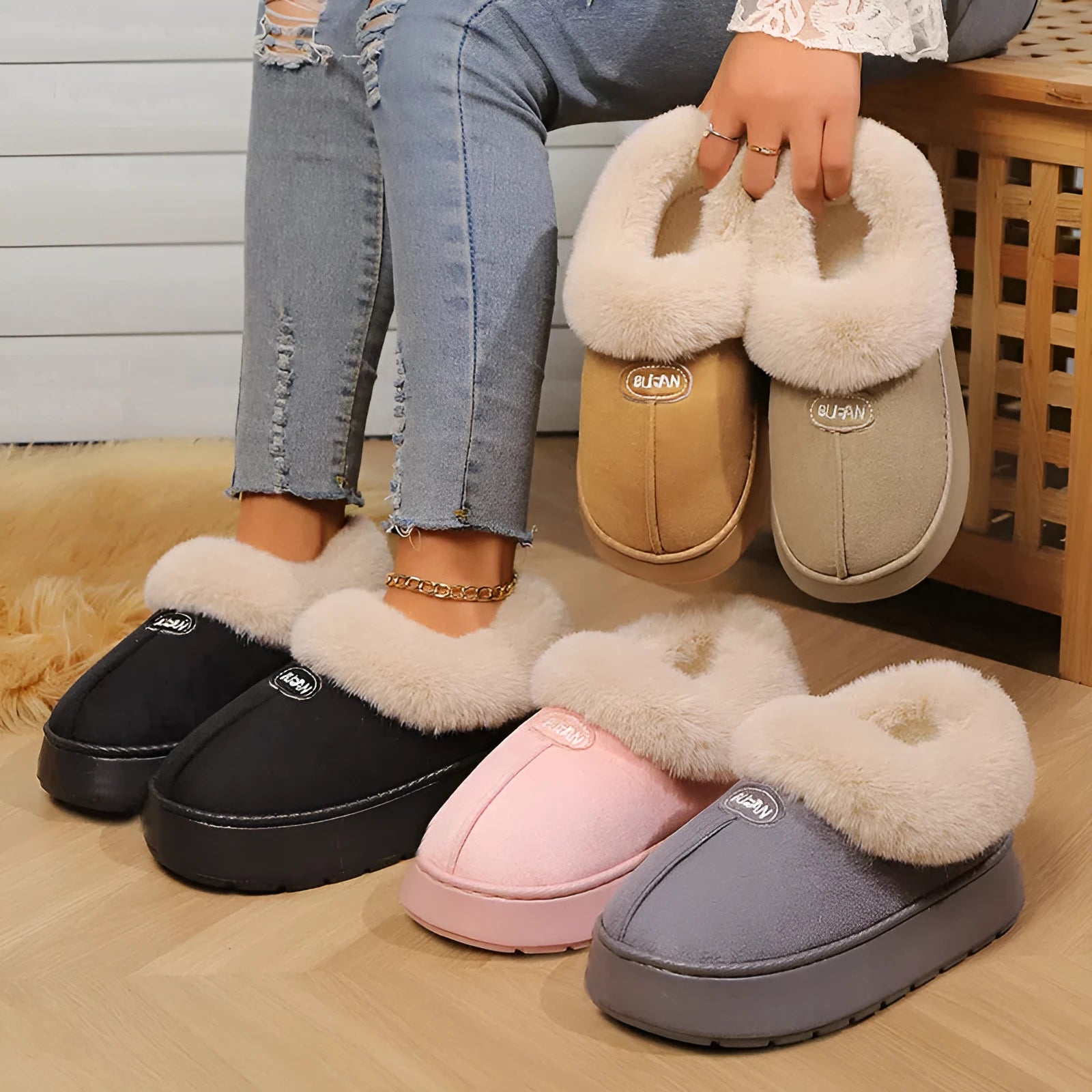 Unisex suede flat heel slippers in warm colours for indoor wear