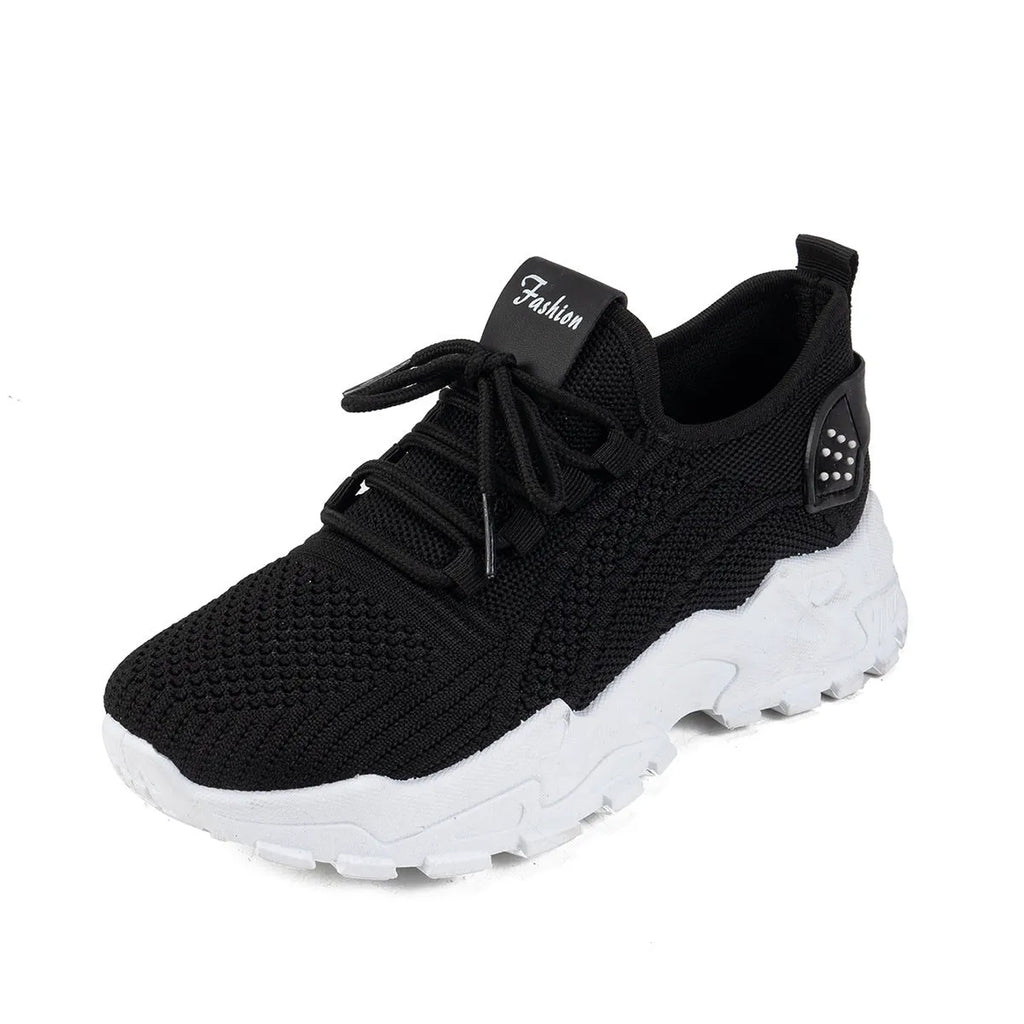 Women's flyknit mesh casual sports shoes in multiple colours with flat heel and round toe design