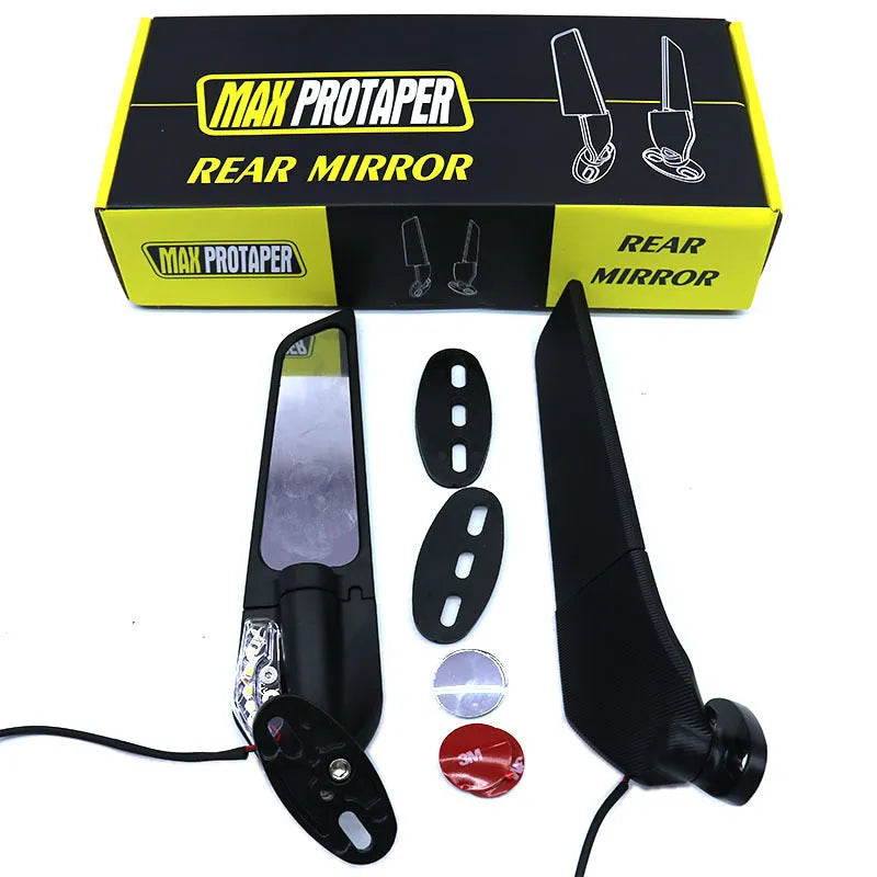 Pair of die-cast aluminium alloy motorcycle spoiler rearview mirrors with integrated yellow running lights and convex glass lenses.