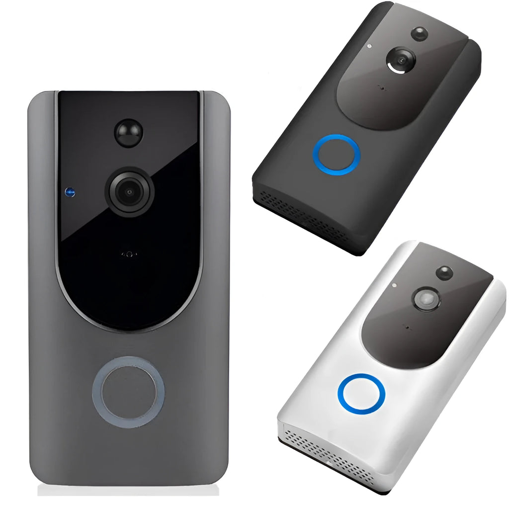 Smart WiFi video doorbell in grey or silver with 720P camera and 166° wide-angle lens for two-way intercom and PIR motion detection.