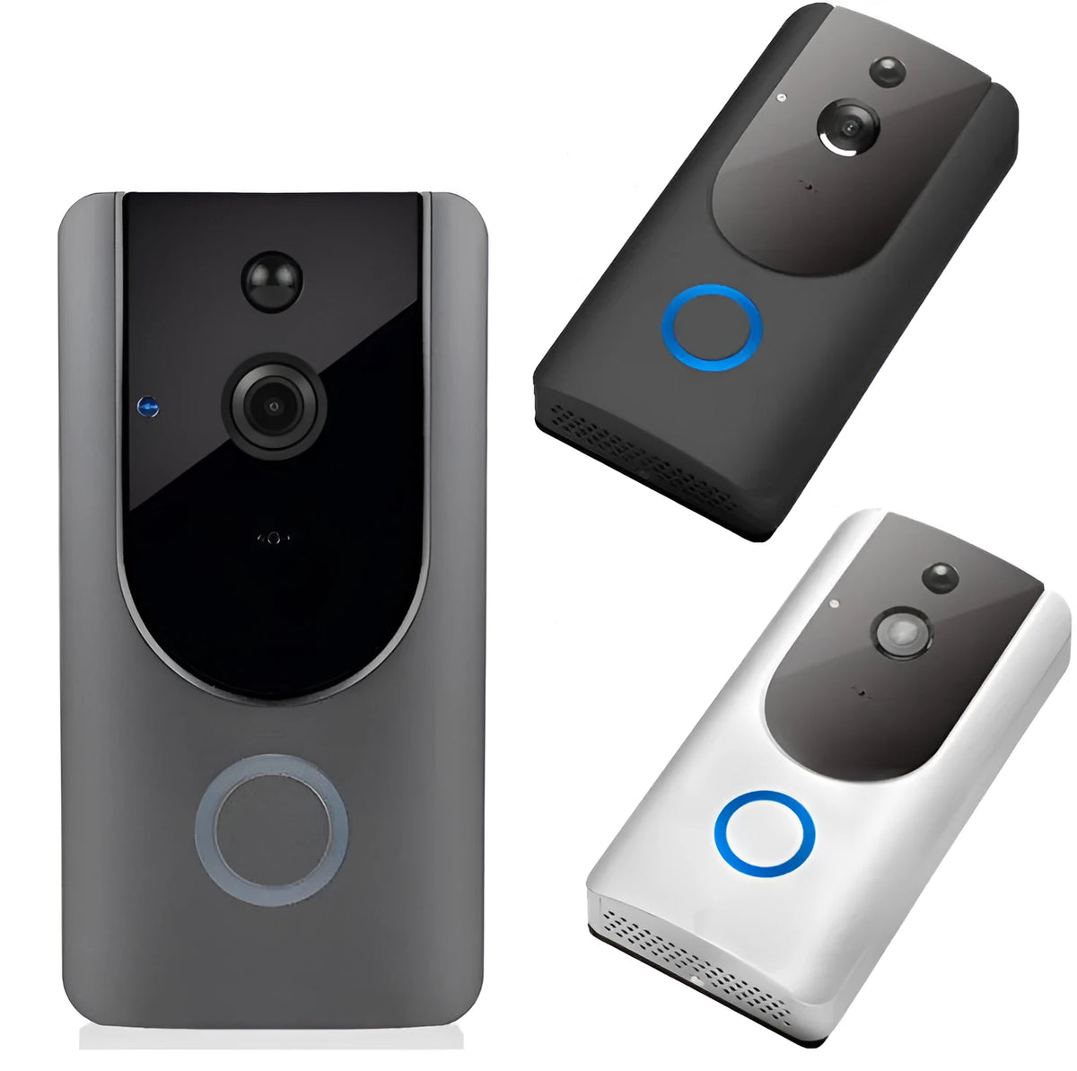 Smart WiFi video doorbell in grey or silver with 720P camera and 166° wide-angle lens for two-way intercom and PIR motion detection.