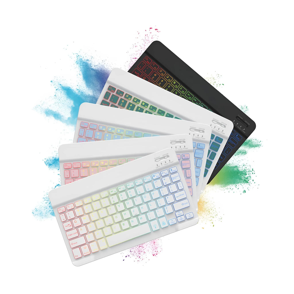 10-inch black Bluetooth keyboard with colourful LED backlighting for tablets on a desk.