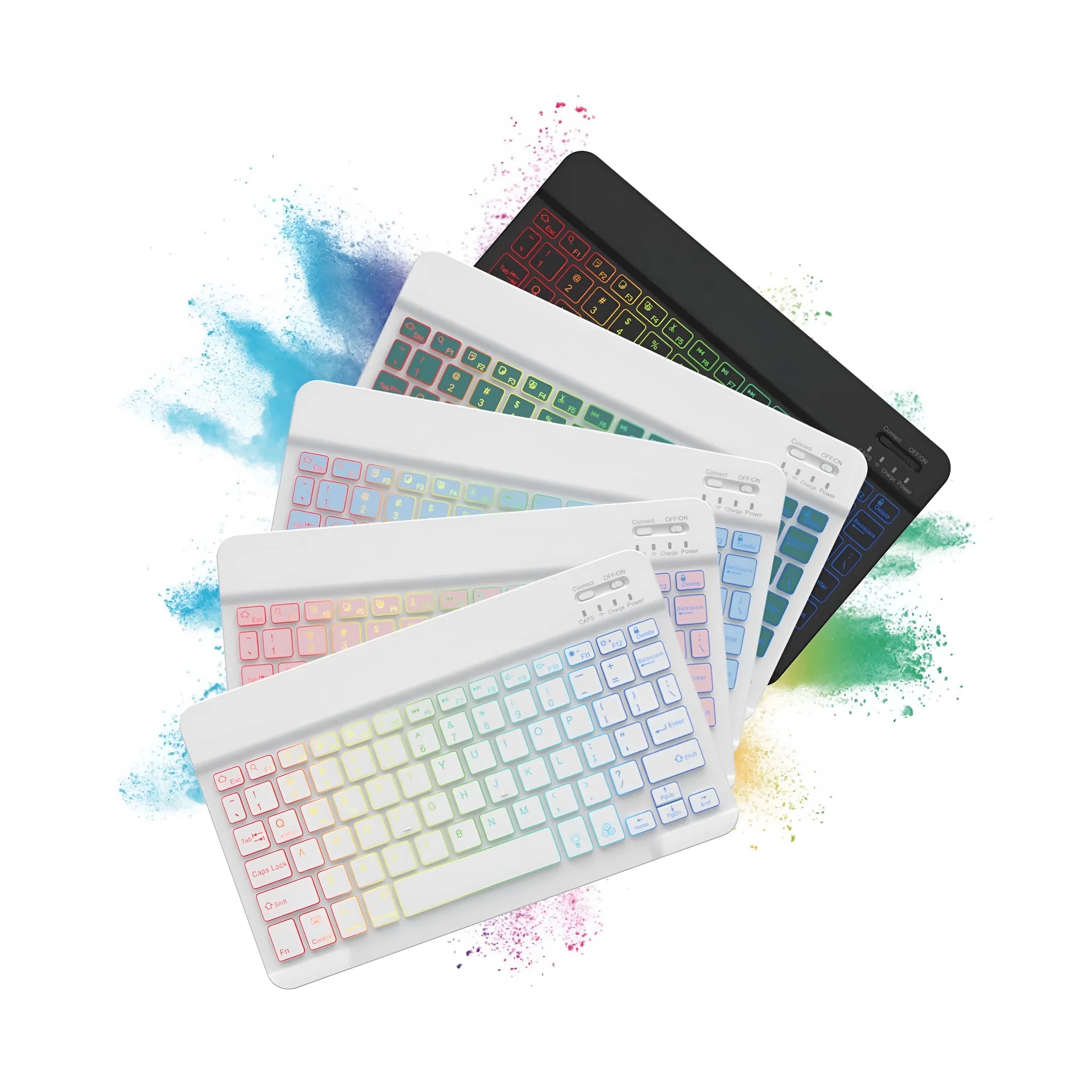 10-inch black Bluetooth keyboard with colourful LED backlighting for tablets on a desk.