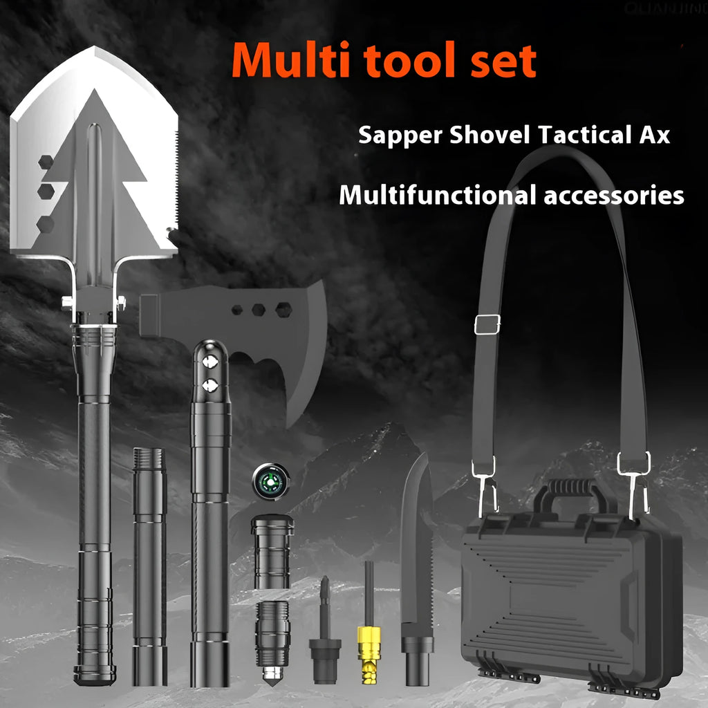 Black military shovel set with axe, knife, attack cone, whistle and lighter accessories