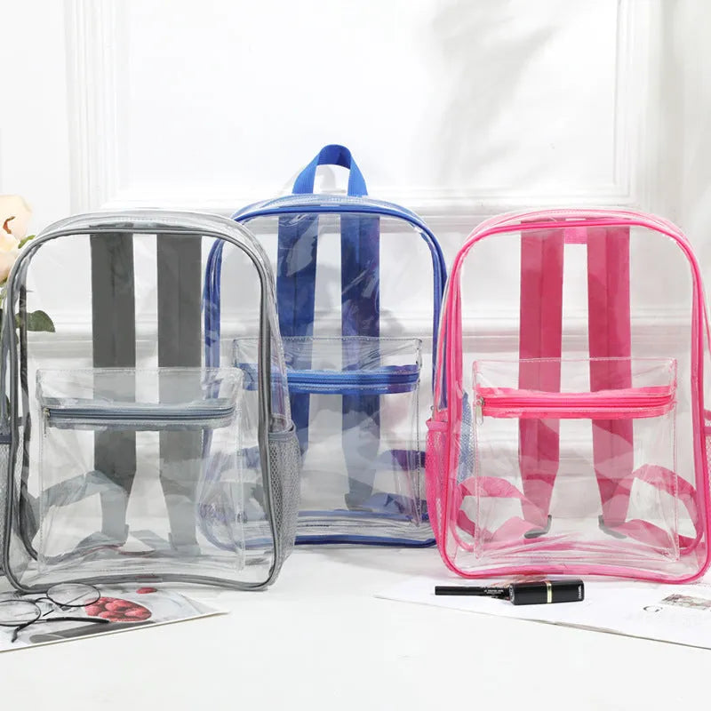Transparent PVC travel backpack showing visible contents through clear material