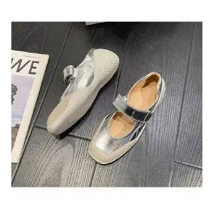 Women's suede leather ballet wedge pumps with Velcro closure, silver colour, round toe