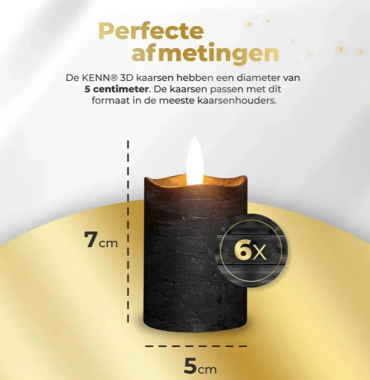 Black S6 LED pillar candle with flickering flame effect, D5X H7CM dimensions