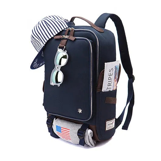 Men's Korean style Oxford cloth backpack in army green colour showing dimensions and design