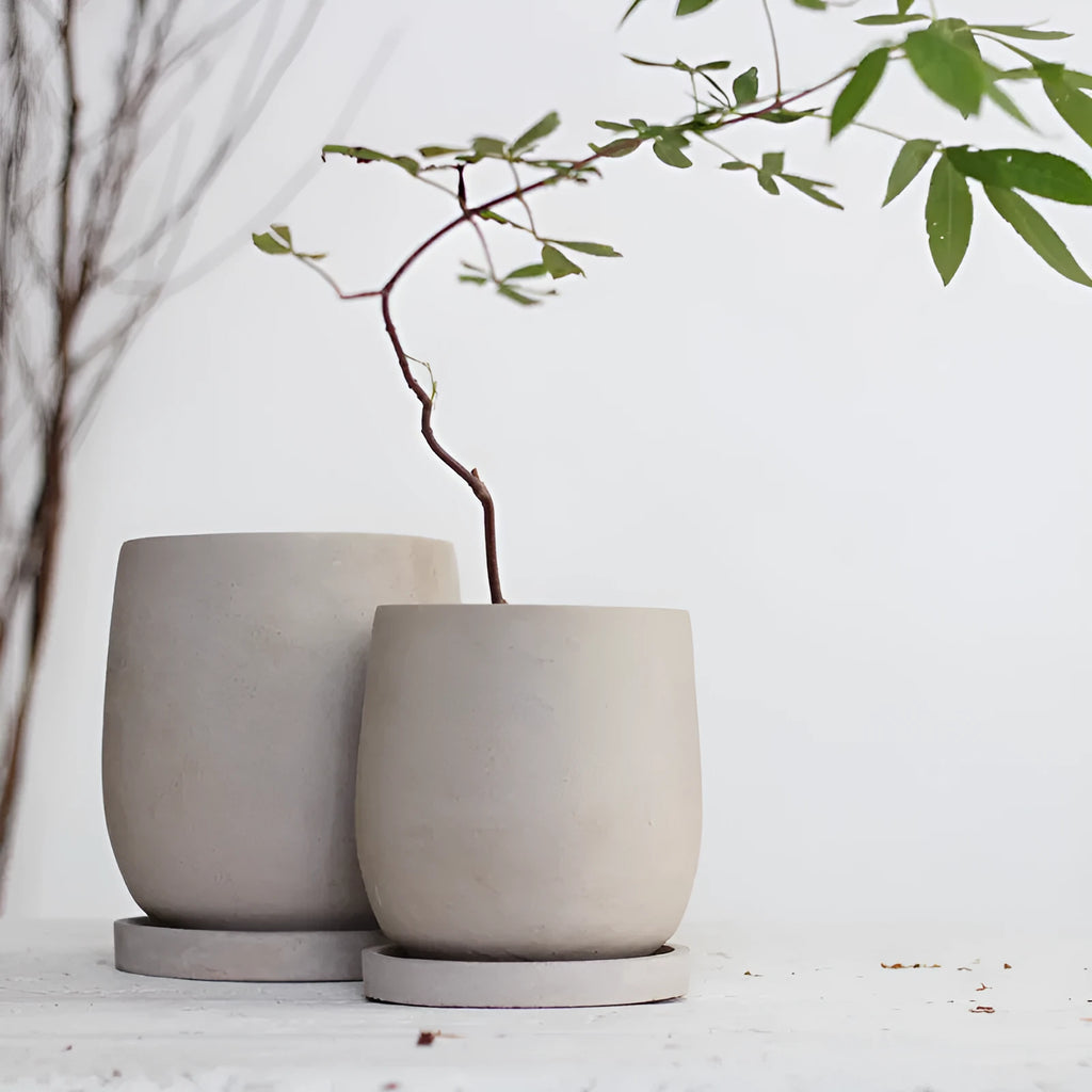Round cement flower pot with 11cm bottom diameter, natural colour, Chinese style desktop planter