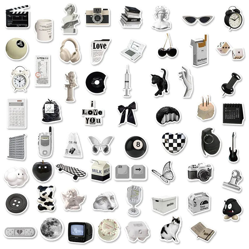 Set of 61 black and white coffee cup design PVC waterproof stickers for laptops and phones.