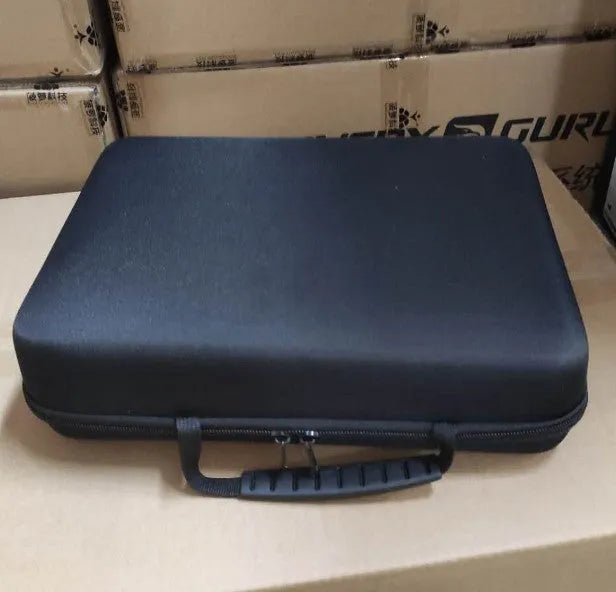 Black and white muscle relaxation massager with lithium battery showing 1800-3200r/min speed and 12mm stroke specifications