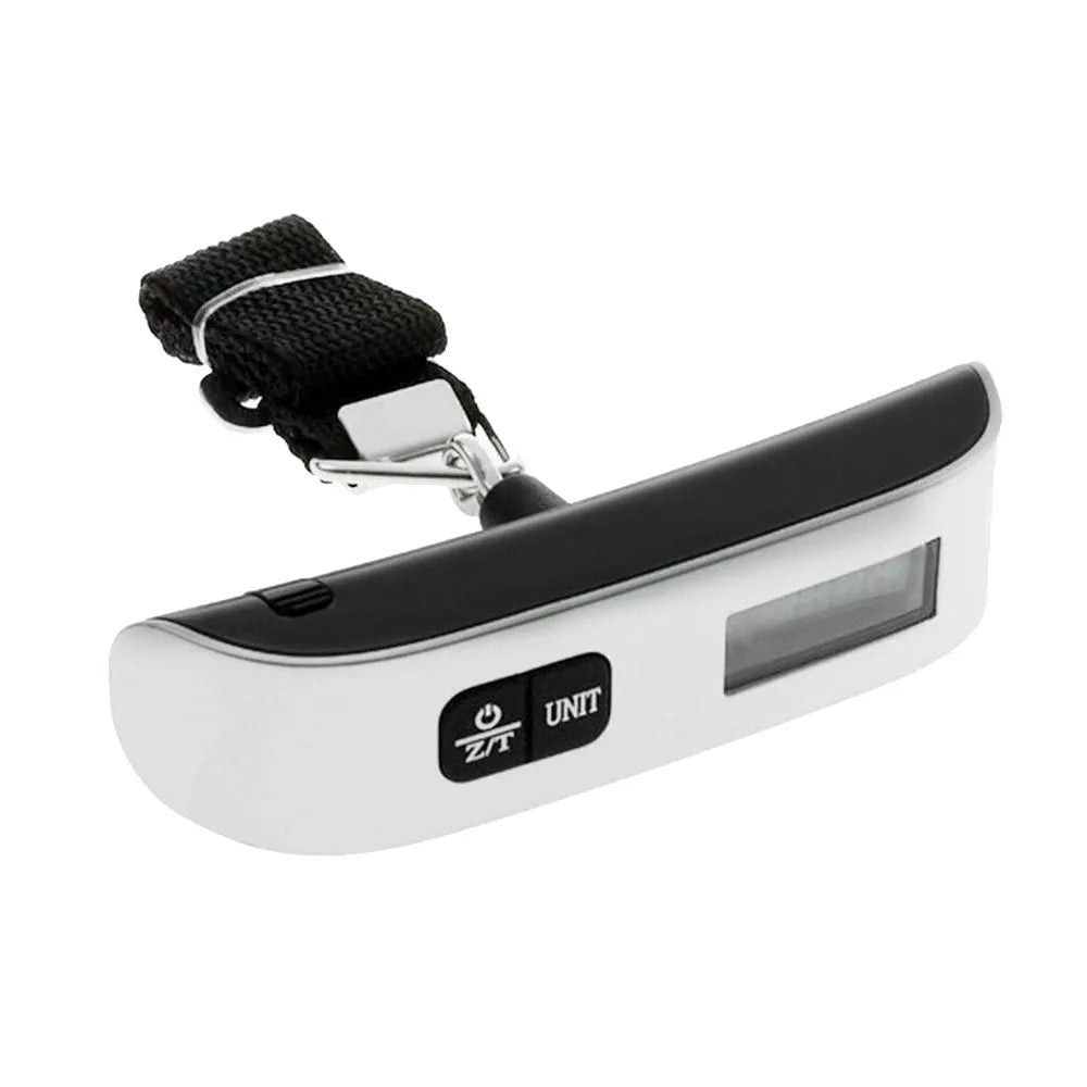 T-shaped electronic scale 50kg/10g with backlit LCD screen, black plastic, 16cm x 3cm portable size.