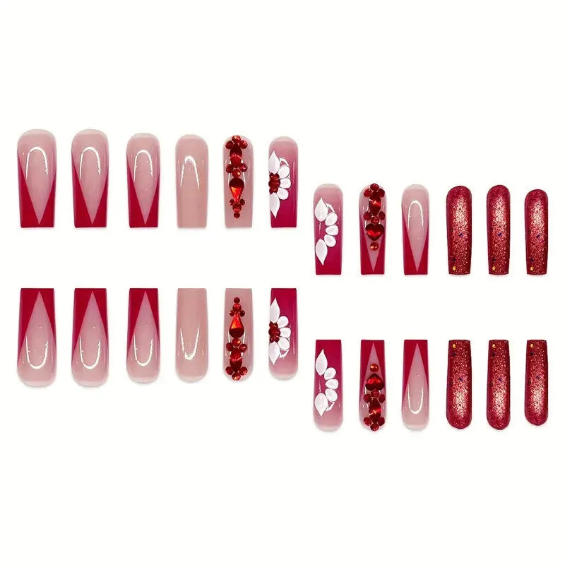 Sweet floral pattern removable fake nails with red diamond accents in European square shape