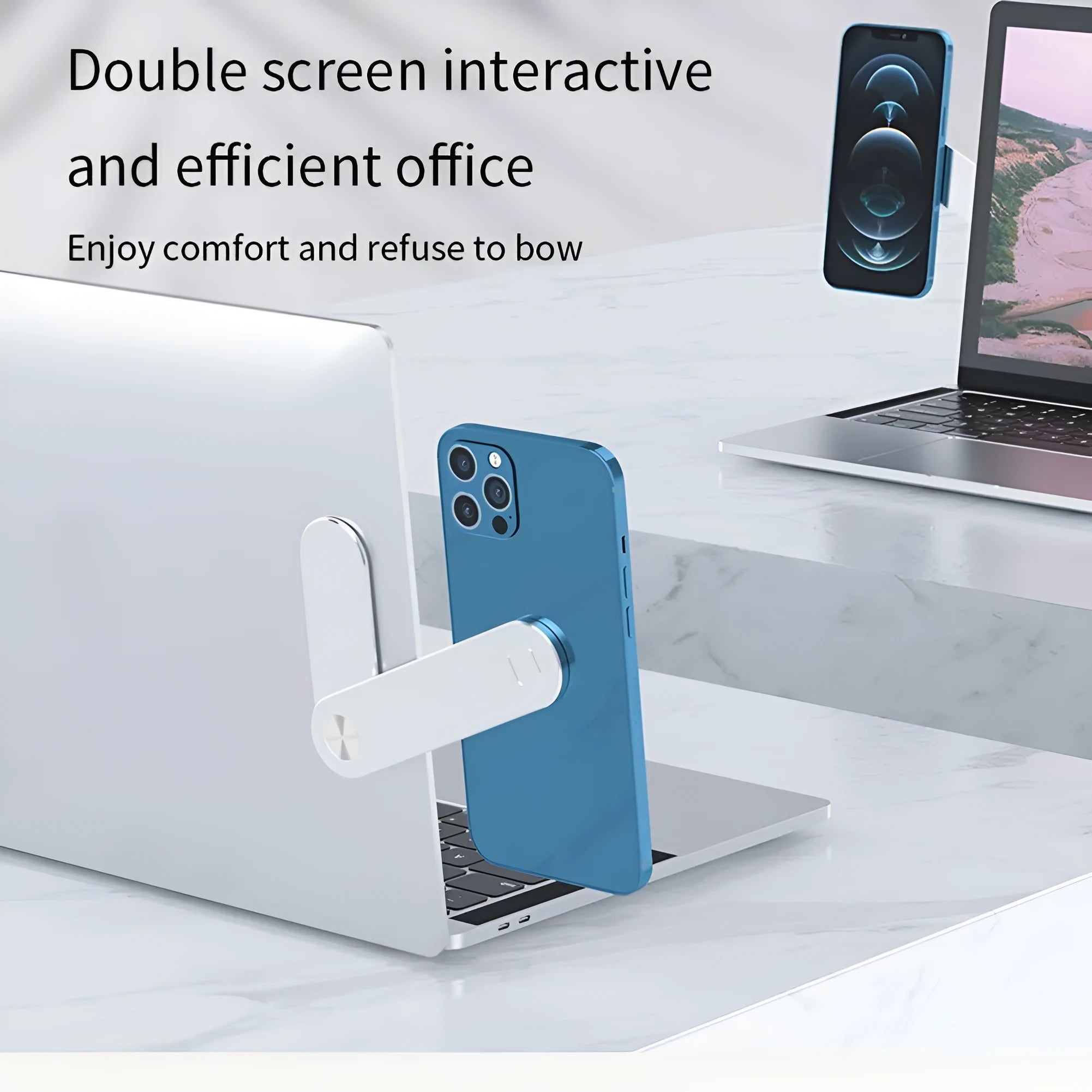 Aluminium laptop phone holder with magnetic mount attached to computer screen