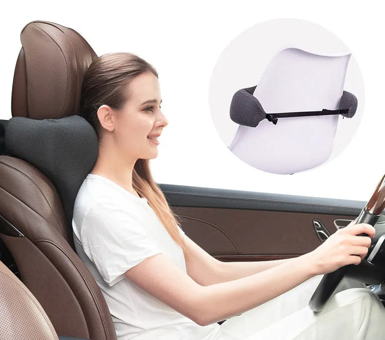 Car neck memory foam pillow in dark gray colour for automotive headrest support