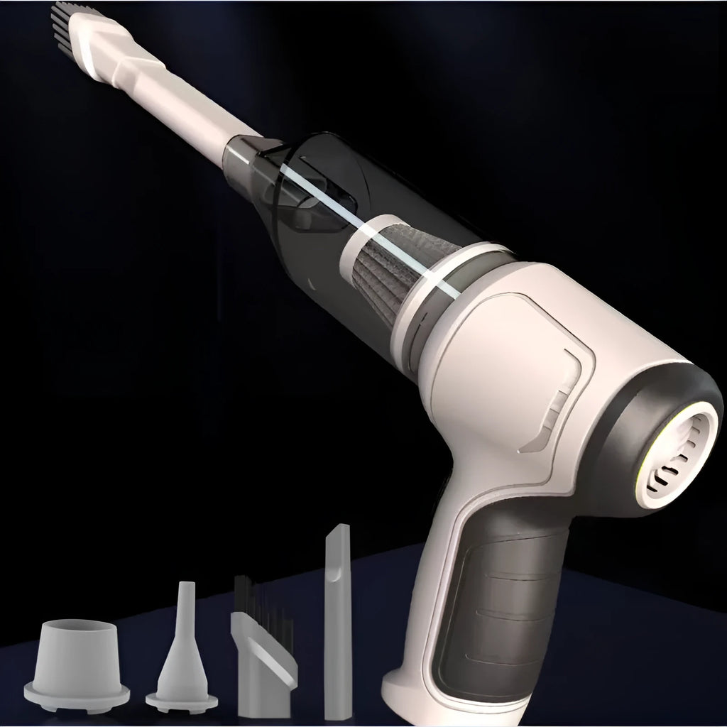 Handheld car vacuum cleaner in gold or silver style with wireless charging capability and pet hair attachment