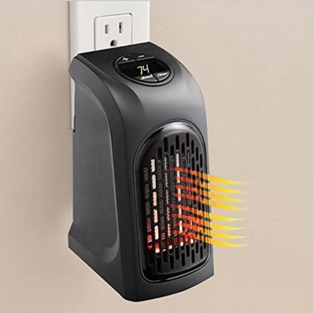 Black compact ceramic fan heater with control buttons on a white background.