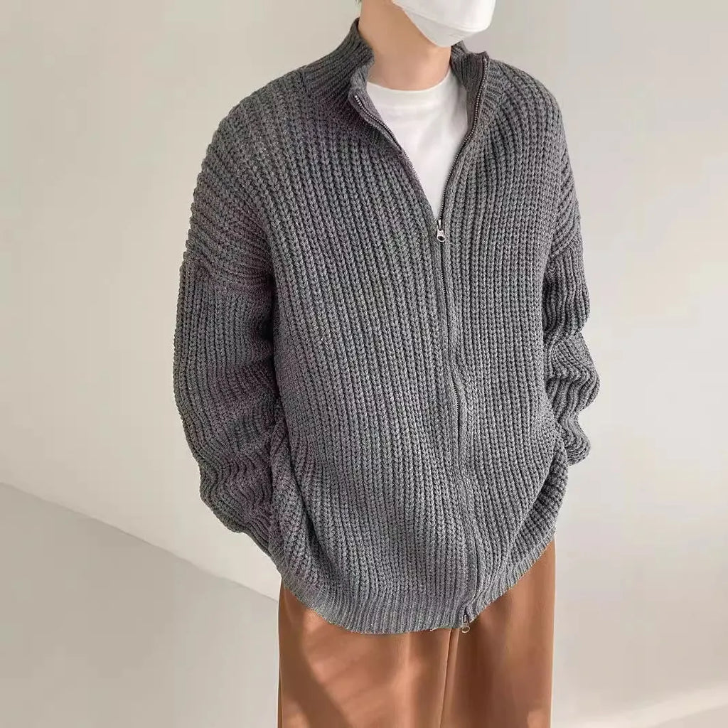 Half turtleneck men's loose-fit cardigan sweater coat in solid colour, long sleeves, polyester fibre, spring autumn style