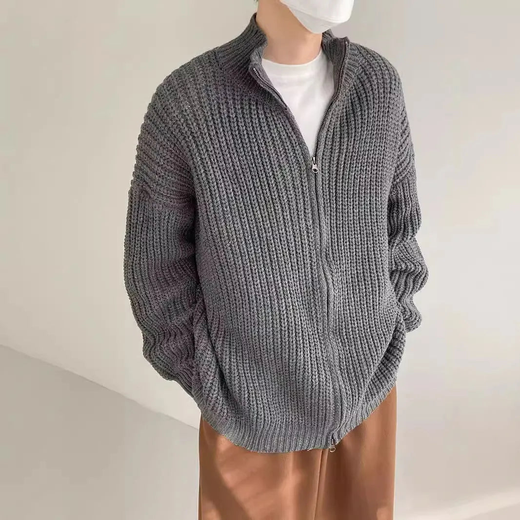 Half turtleneck men's loose-fit cardigan sweater coat in solid colour, long sleeves, polyester fibre, spring autumn style