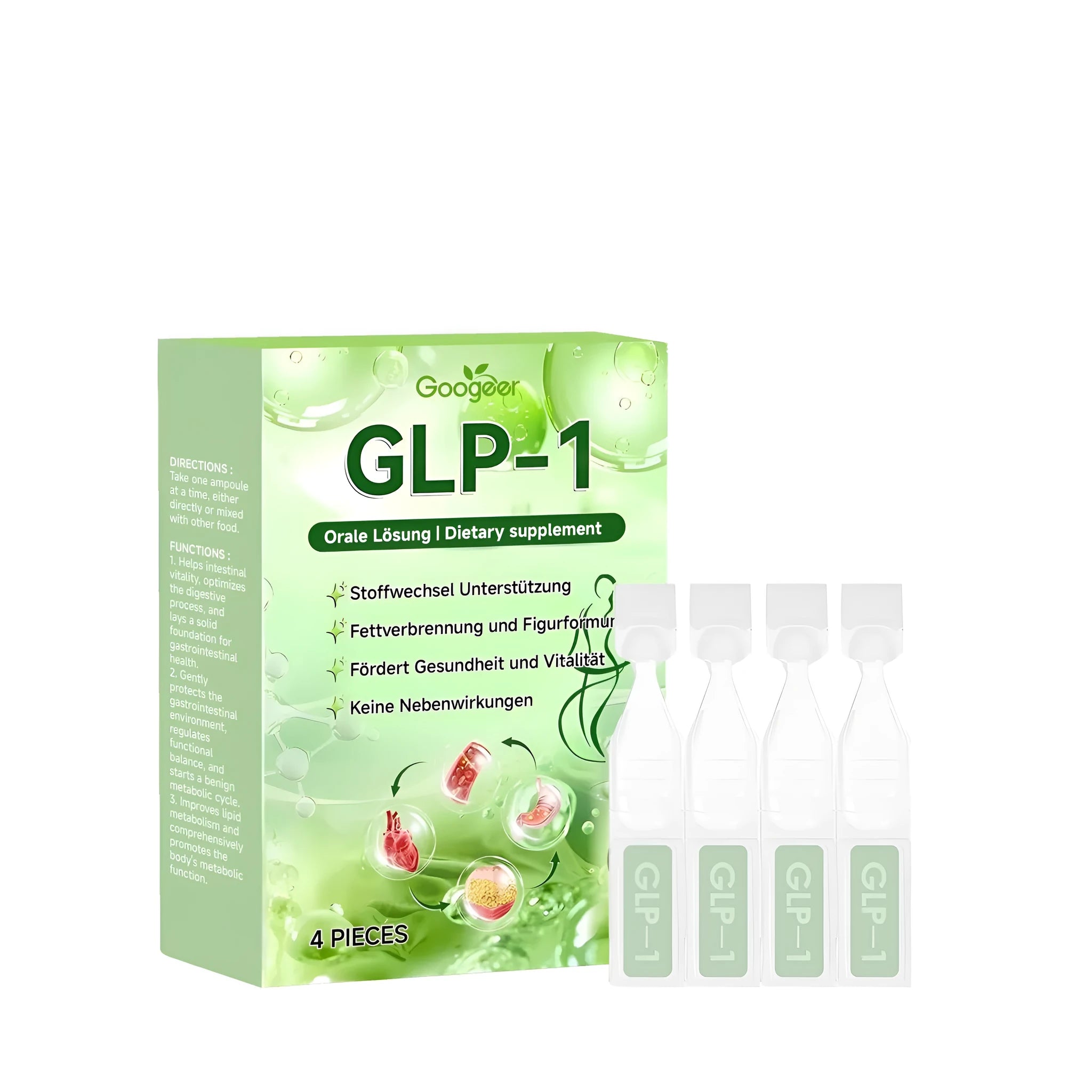 Pack of four dietary supplement GLP-1 body shaping drops bottles with mint leaf extract and vitamin B1