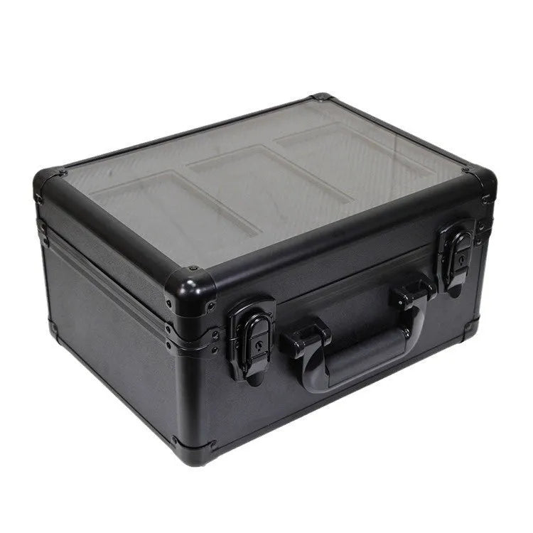 Black aluminium alloy brick card storage box with closed lid and metal frame; compact protective case for cards.
