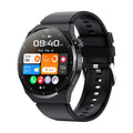 Black Bluetooth smart watch with round display and silicone wristband showing call and NFC functions