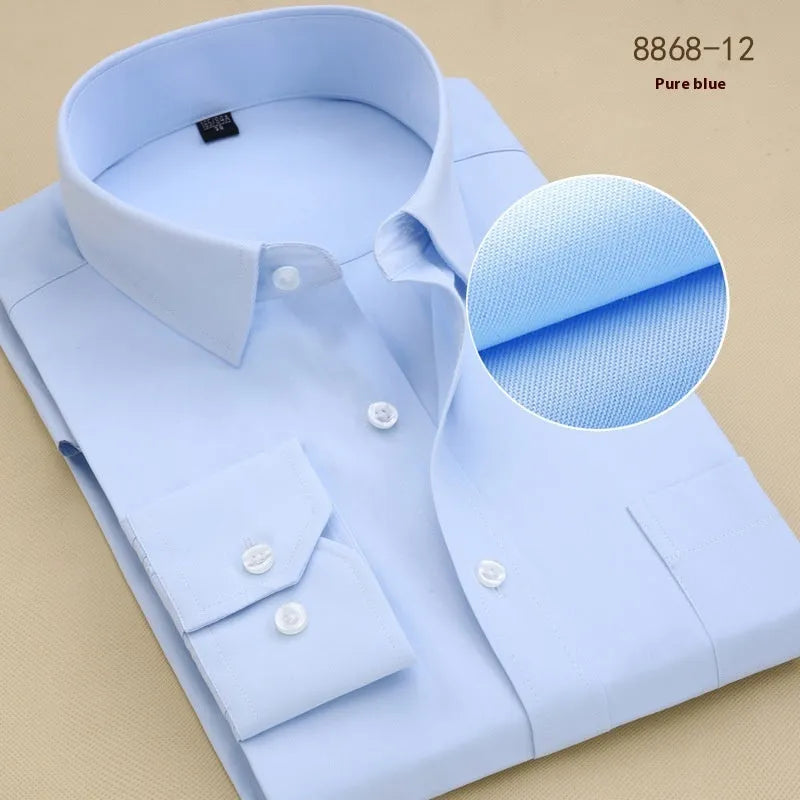 Men's black long sleeve business slim fit shirt in cotton fabric on a hanger.