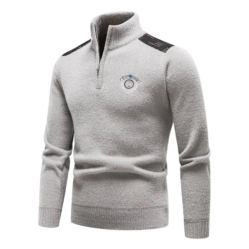 Men's velvet stand collar thickened sweater in beige, straight cut pullover with long sleeves for winter