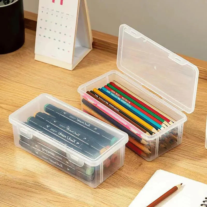 Transparent plastic stationery storage box for pencils and drawing tools