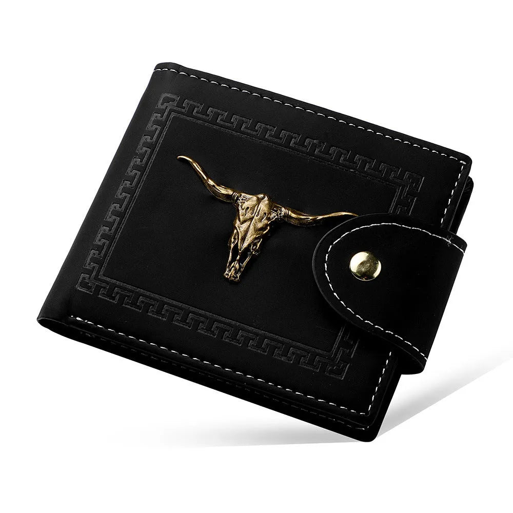 Black PU leather men's wallet with animal pattern, zipper closure, and multiple card slots