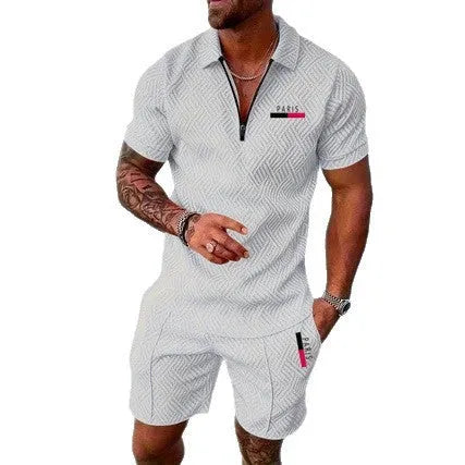 Men's retro plaid beach suit set with PARIS heat transfer patch, short sleeve T-shirt and shorts in cotton blend