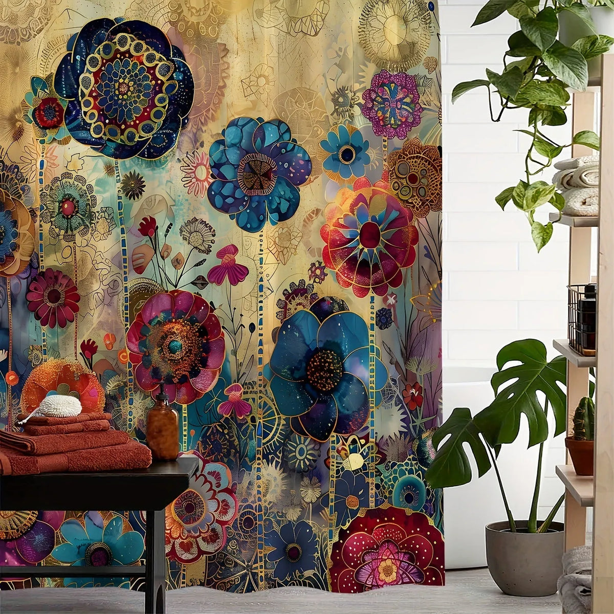 Retro creative flower printed waterproof polyester shower curtain with 12 hooks, available in widths from 90cm to 230cm and a 180cm drop.