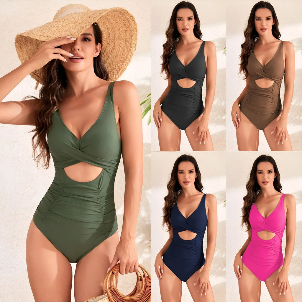 Solid colour one-piece swimsuit with high waist and cross pack pleating detail