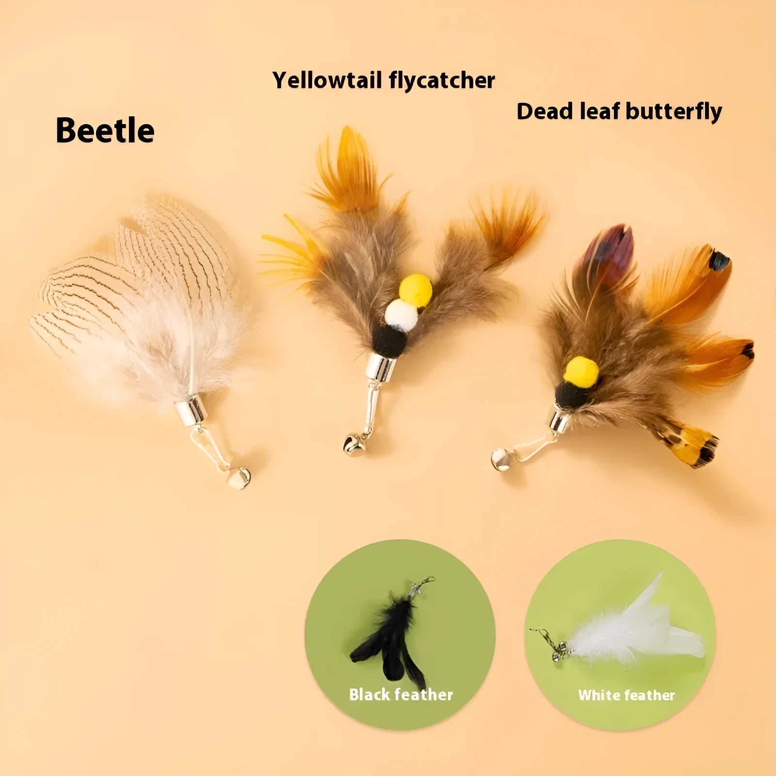 Three steel wire cat toy replacement heads shaped like small flying insects.