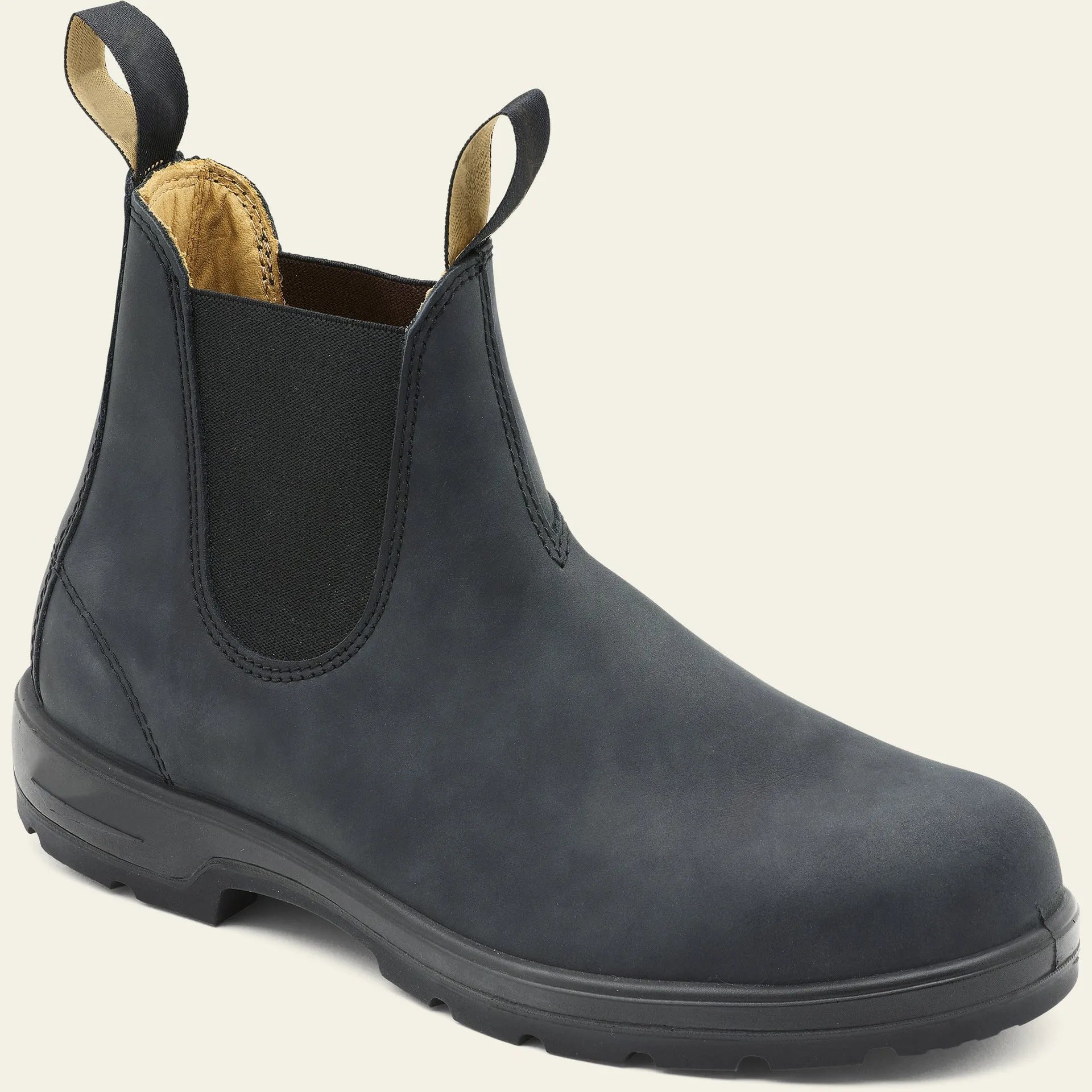 Vintage unisex brown Chelsea boot with frosted PU upper and beef tendon sole on a white background.