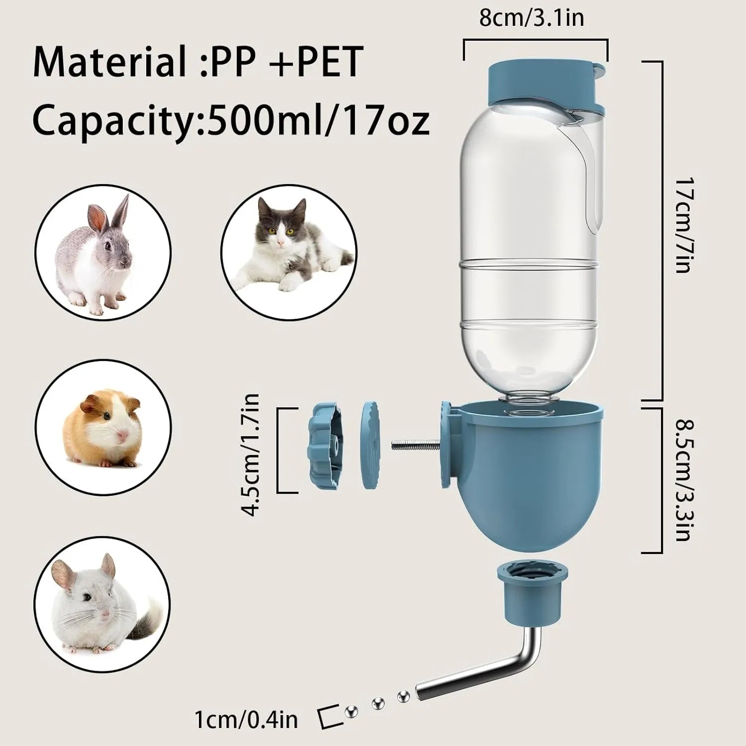 Blue pet water bottle with rotatable nozzle for small animal cages showing measurement scale