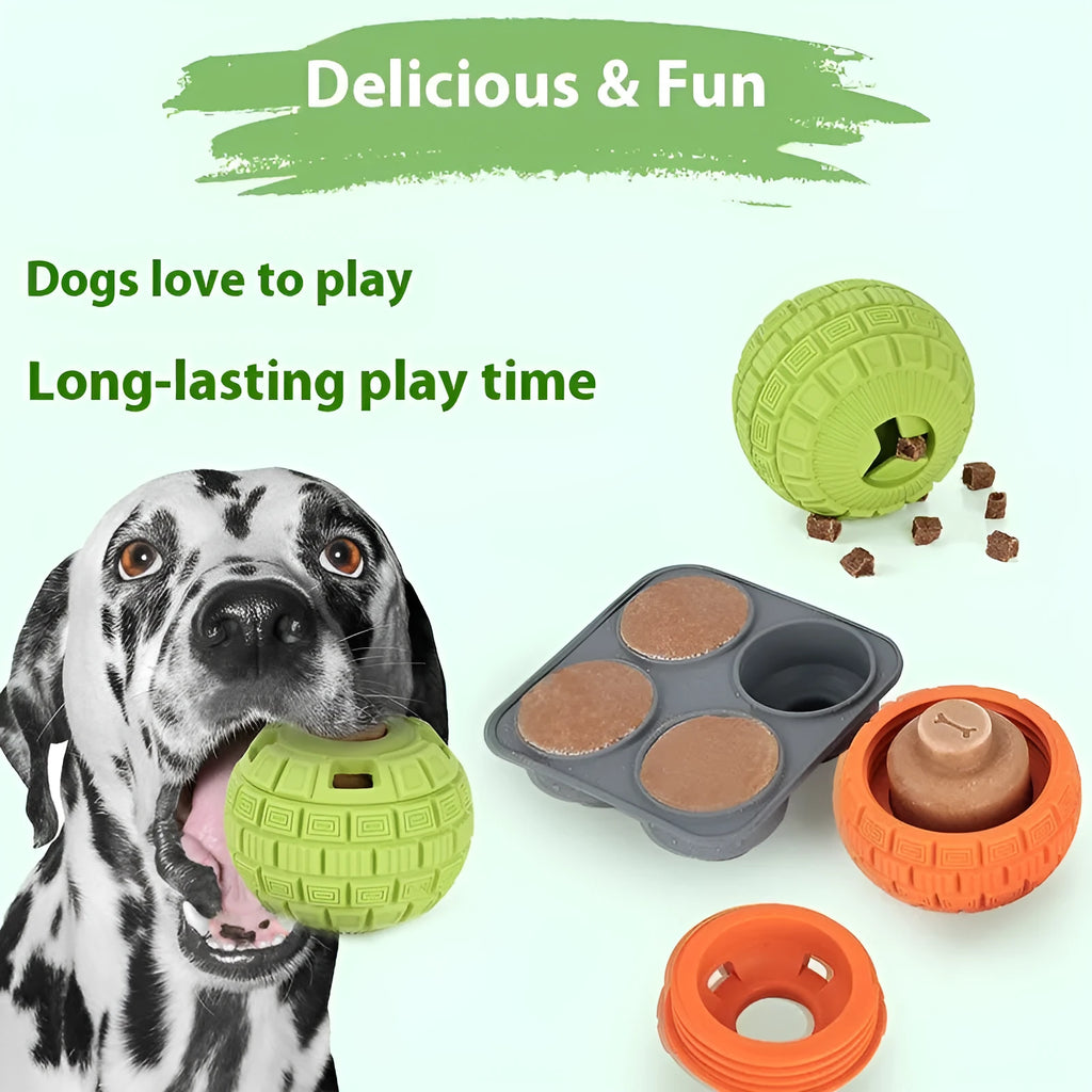 Green natural rubber food dropping ball dog toy for treat dispensing on a white background.