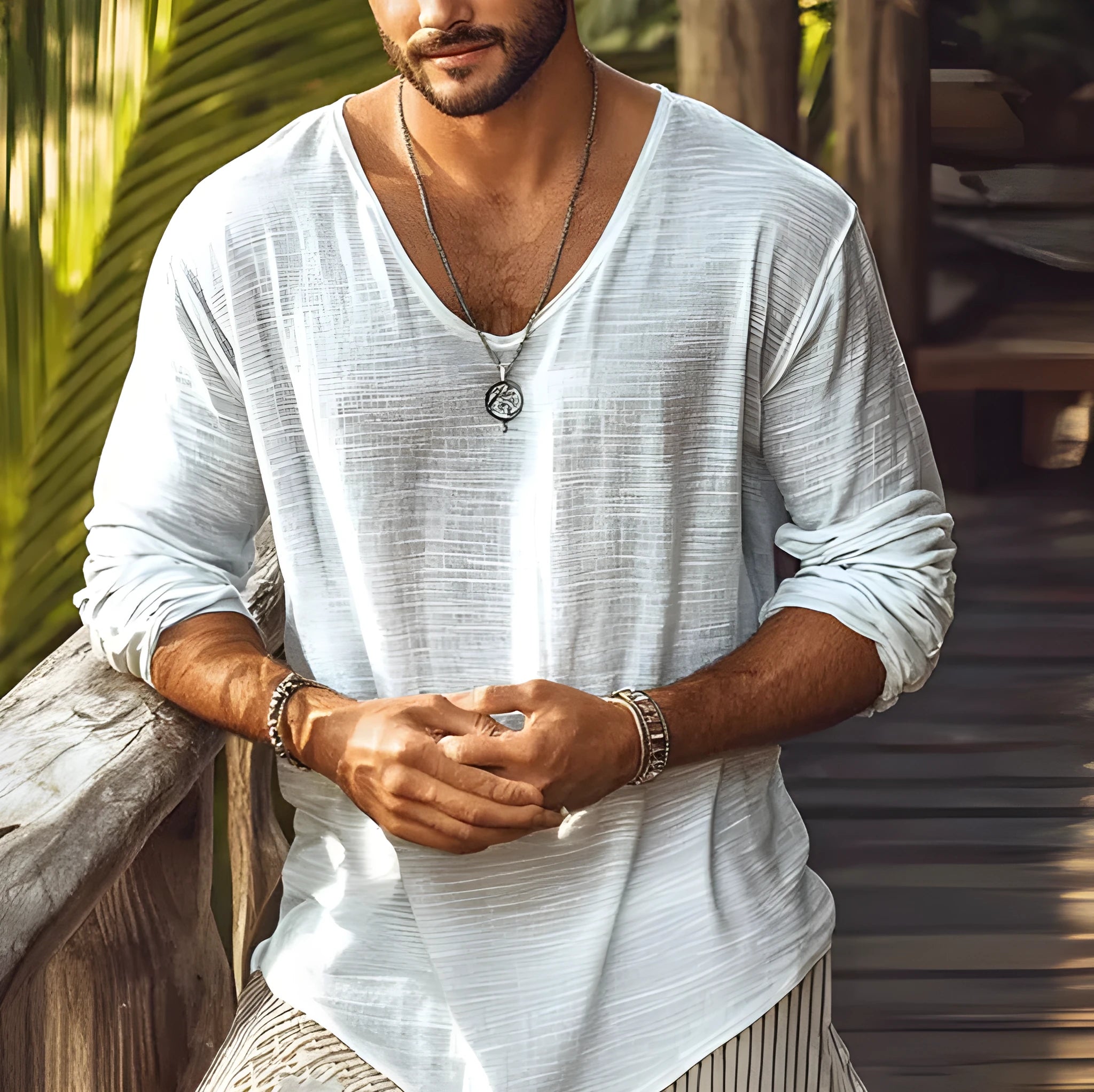 Beige V-neck long-sleeved slim-fit T-shirt made from hemp blend fabric