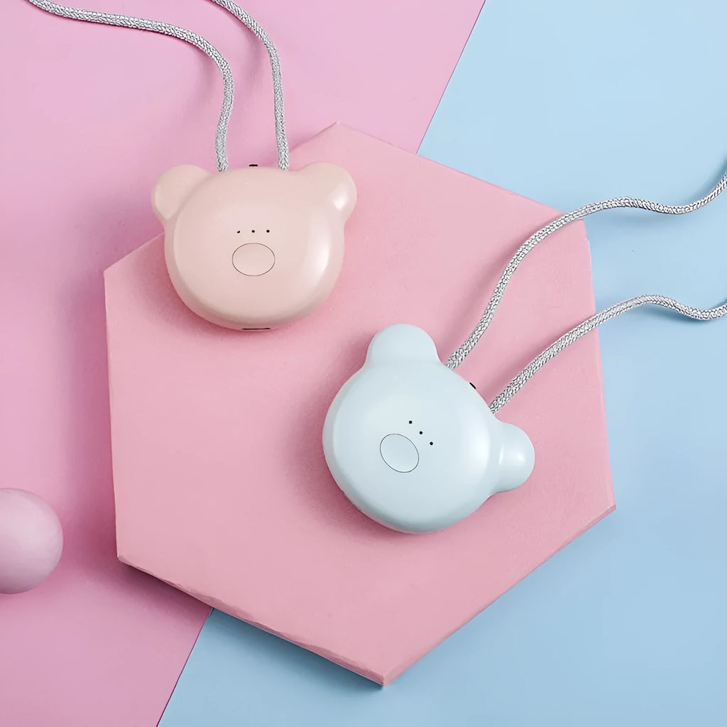 Mini USB rechargeable air purifier necklace in blue, shown with charging cable.